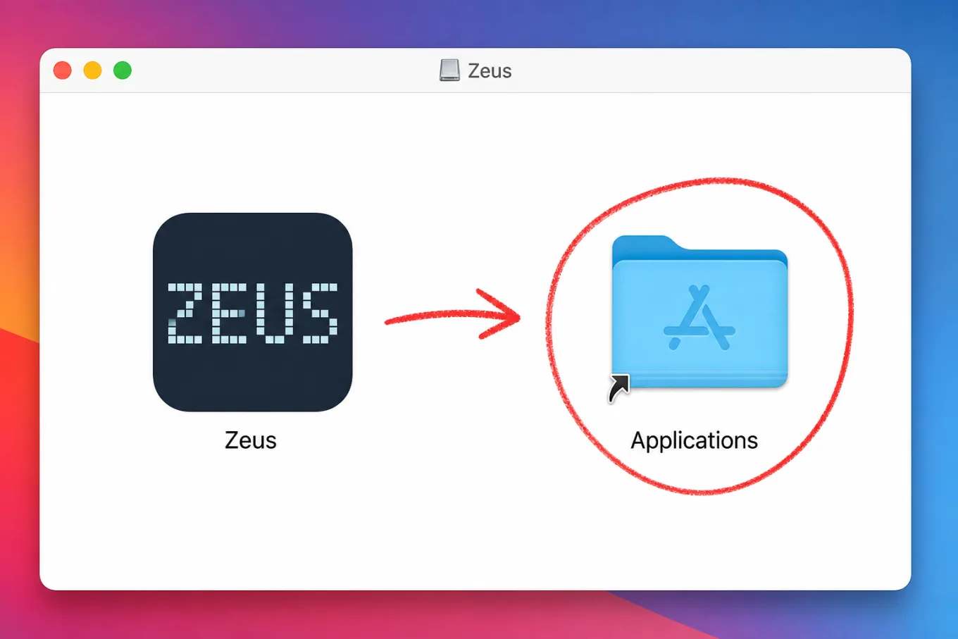 Illustration of the Zeus app being dragged onto the Applications folder
