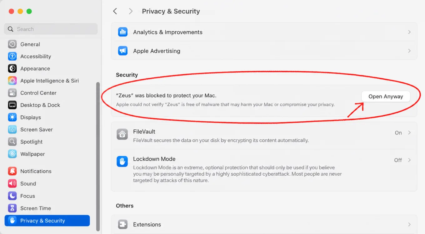 Illustration of the Open Anyway button for Zeus in macOS Privacy and Security settings