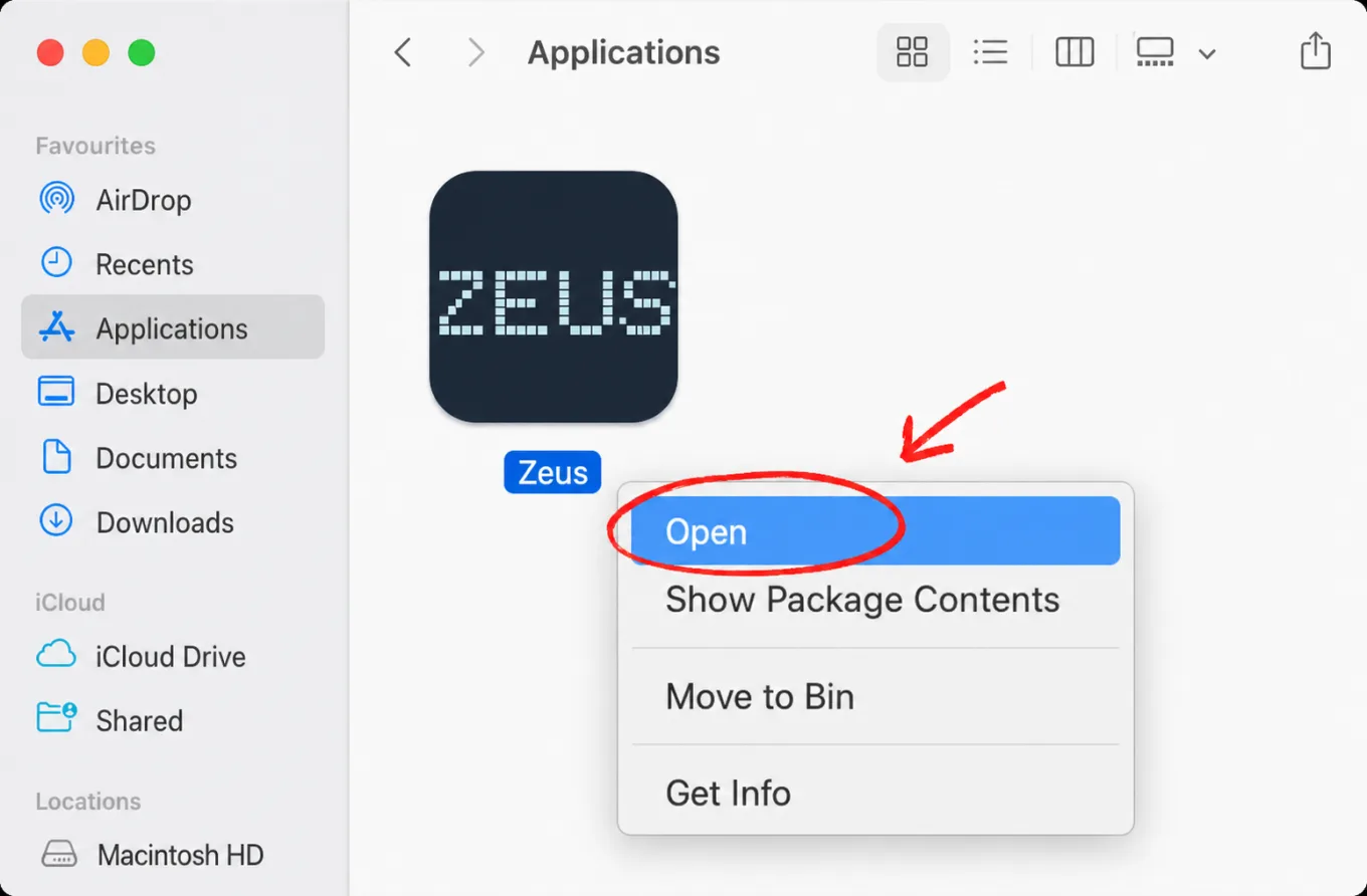 Illustration of the Open command in Zeus's Finder context menu