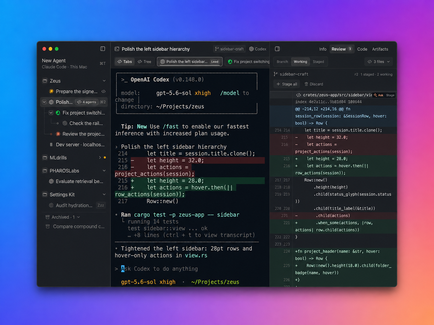 Zeus desktop app: sidebar of agent sessions and a live terminal